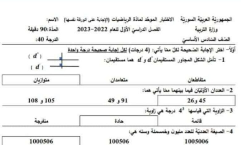 سلم تصحيح الامتحان الموحد رياضيات الصف السادس الفصل الأول للعام 2023 منهاج السوري