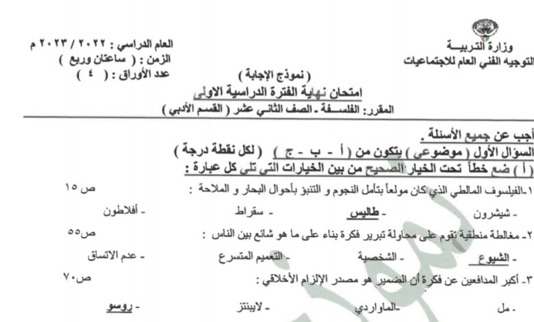 نموذج امتحان فلسفة أدبي محلول للصف الثاني عشر الفصل الأول للعام 2023 منهاج الكويت