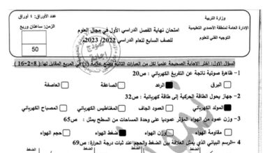 نموذج امتحان علوم محلول للصف السابع الفصل الأول للعام 2023 منهاج الكويت