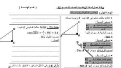 ورقة عمل (2) مادة الرياضيات قسم الهندسة الصف التاسع الفصل الأول للعام 2023 منهاج السوري