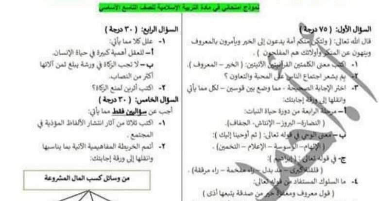 نموذج (1) امتحان مادة التربية الإسلامية الصف التاسع الفصل الثاني للعام 2023 منهاج السوري