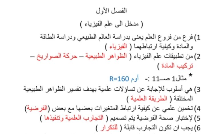 ملخص فيزياء الصف أول ثانوي الفصل الثاني للعام 1444هـ منهاج السعودي