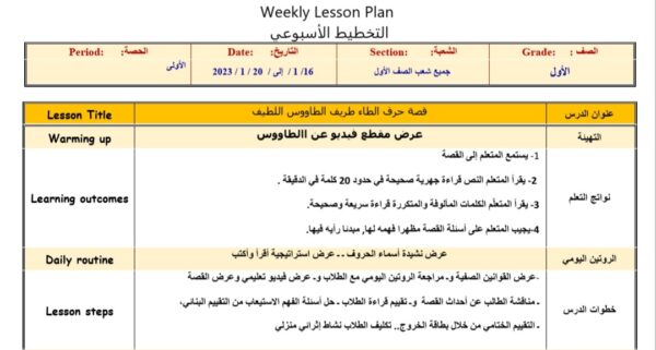 الخطة الدرسية اليومية طريف الطاووس اللطيف اللغة العربية الصف الأول الفصل الثاني 2023 منهاج الإمارات