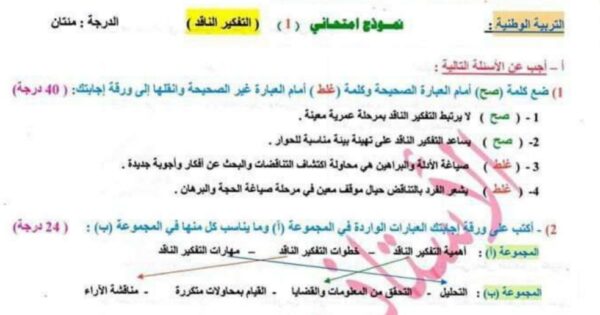 أوراق عمل نموذج (1) التربية الوطنية الصف التاسع الفصل الثاني للعام 2023 منهاج السوري