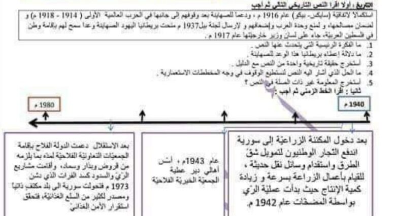 أوراق عمل نموذج (1) تاريخ الصف التاسع الفصل الثاني للعام 2023 منهاج السوري