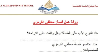 ورقة عمل معطفي القرمزي اللغة العربية الصف الرابع فصل الثاني للعام 2023 منهاج الكويت