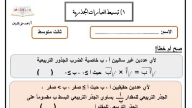 أوراق عمل الرياضيات (المعادلات الجذرية) ثالث متوسط الفصل الثاني للعام 1444هـ منهاج السعودي