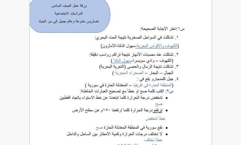 ورقة عمل محلولة دراسات أجتماعية الصف السادس الفصل الثاني للعام 2023 منهاج السوري