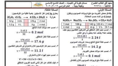 تمرينات على حل مسائل الكيمياء الصف التاسع الفصل الثاني للعام 2023 منهاج السوري