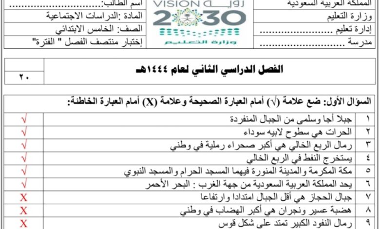 حل اختبار منتصف الفصل دراسات أجتماعية الصف الخامس الفصل الثاني للعام 2023 منهاج السعودي