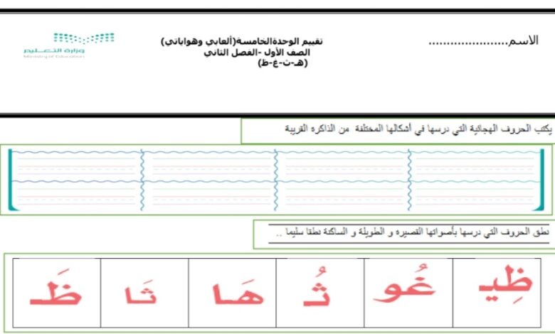 تقويم وحدة ألعابي وهوياتي لغتي الصف الأول الفصل الثاني للعام 2023 منهاج السعودي
