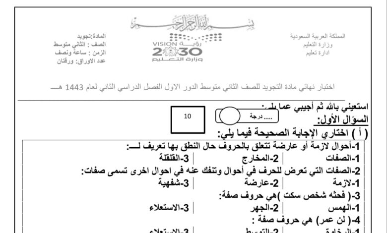اختبار نهائي تجويد الصف ثاني متوسط الفصل الثاني للعام 1444هـ منهاج السعودي