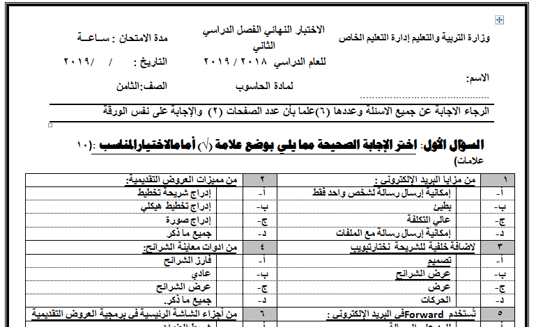 امتحان نهائي لمادة الحاسوب للصف الثامن الفصل الثاني مناهج اردني