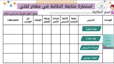 استمارة متابعة الطالبة في مهام لغتي الصف الأول الفصل الدراسي الثالث