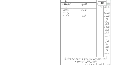 اختبار نهائي رياضيات 2-2 ثاني ثانوي مسارات الفصل الثاني للعام 1444هـ منهاج السعودية