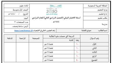 اختبار نهائي علوم محلول أول متوسط الفصل الثاني للعام 1444هـ منهاج السعودي