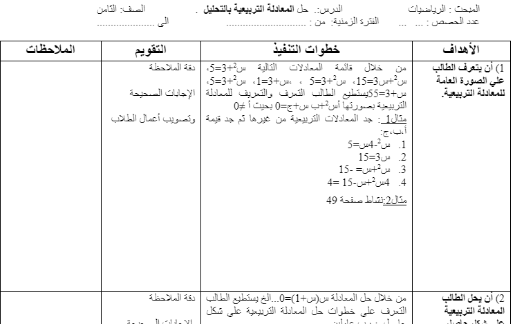تحضير مادة الرياضيات الصف الثامن الفصل الدراسي الثالث مناهج فلسطينية