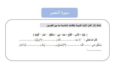 ورقة عمل سورة النصر التربية الإسلامية الصف الأول الفصل الثاني للعام 1444هـ منهاج الإمارات