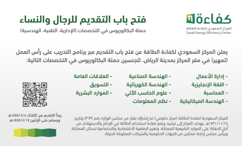 المركز السعودي لكفاءة الطاقة يعلن فتح التقديم للجنسين حملة البكالوريوس