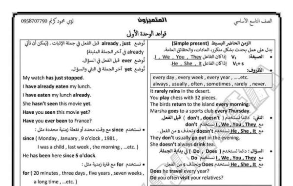 قواعد وحدات اللغة الإنجليزية الصف التاسع الفصل الثاني للعام 2023 منهاج السوري