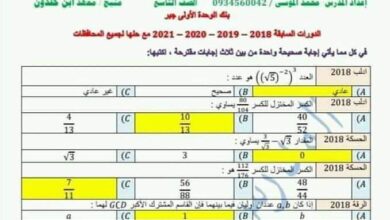 حل دورات سابقة جبر رياضيات الصف التاسع الفصل الثاني للعام 2023 منهاج السوري