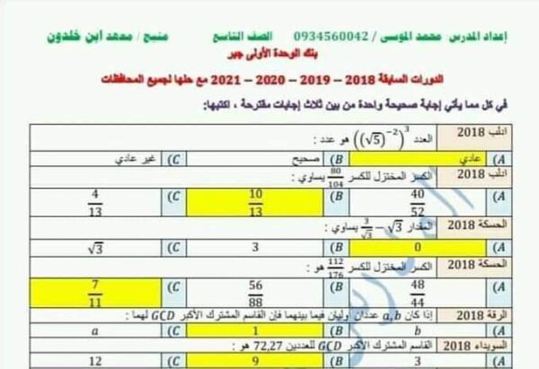 حل دورات سابقة جبر رياضيات الصف التاسع الفصل الثاني للعام 2023 منهاج السوري