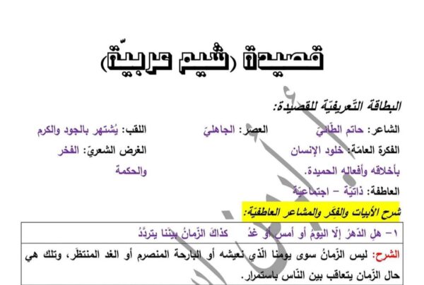 شرح قصيدة (شيم العرب) الصف التاسع الفصل الثاني للعام 2023 منهاج السوري