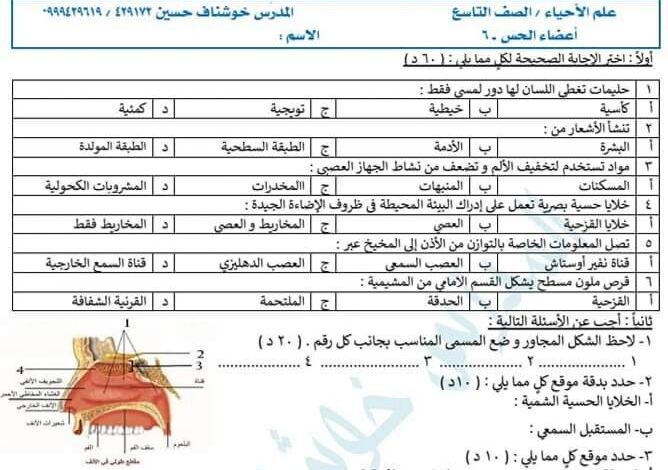 نموذج اختبار 6 علوم محلول تاسع الفصل الثاني للعام 2023 منهاج السوري