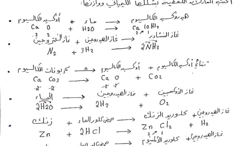 جميع المعادلات الكيميائية الصف تاسع الفصل الثاني للعام 2023 منهاج السوري