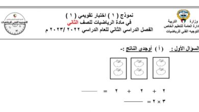 نموذج اختبار تقويمي 1 رياضيات الصف الثاني للفصل الثاني للعام 1444هـ منهاج الكويت