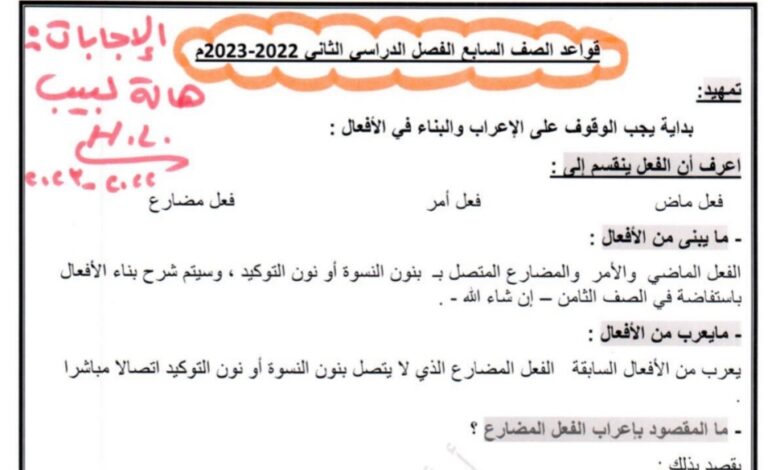 مذكرة (محلولة) قواعد عربي سابع الفصل الثاني للعام 2023 منهاج الكويت