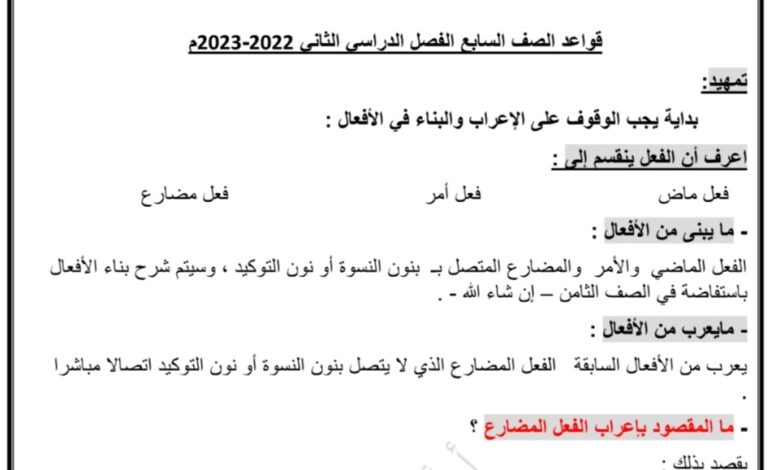مذكرة (غير محلولة) قواعد عربي سابع الفصل الثاني للعام 2023 منهاج الكويت