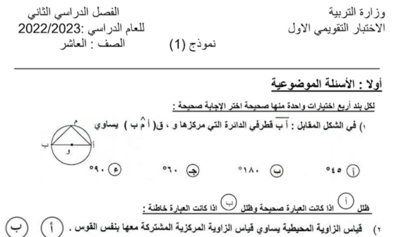 نماذج (مع الحل) للاختبار القصير(1) رياضيات عاشر الفصل الثاني للعام 2023 منهاج الكويت