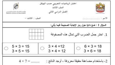 اختبار التجريبي حسب الهيكل الرياضيات الصف الثالث للفصل الثاني للعام 1444هـ منهاج الإمارات