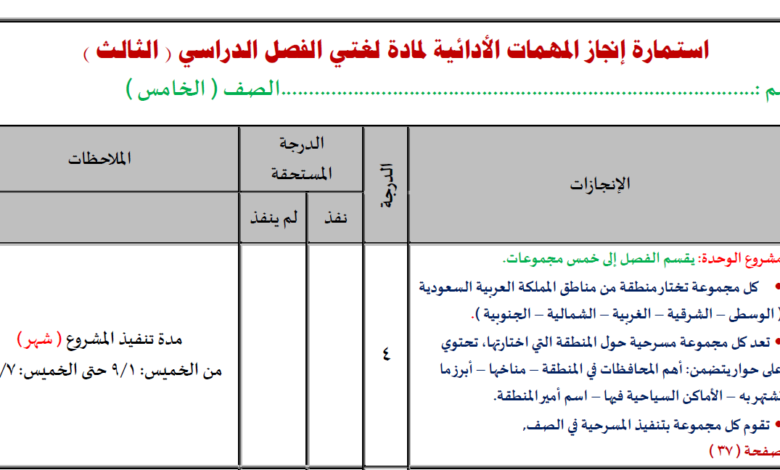 استمارة إنجاز المهمات الأدائية لمادة لغتي للصف الخامس الفصل الدراسي الثالث