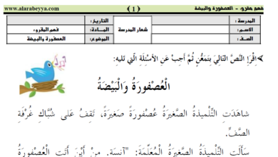 امتحان اللغة العربية لدرس العصفور للصف الاول ابتدائي الفصل الدراسي الثالث