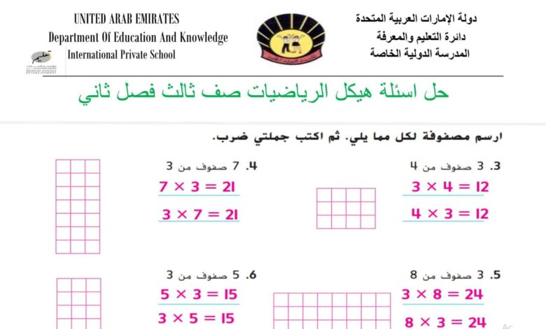 حل أسئلة هيكل اختبار الرياضيات الصف الثالث الفصل الثاني للعام 1444هـ منهاج الإمارات