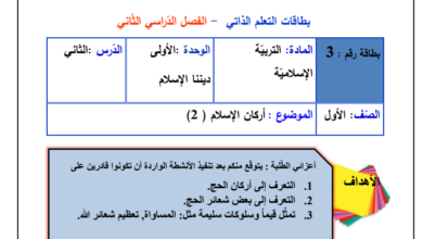 بطاقات التعلم الذاتي من الأسبوع الثاني حتى السادس التربية الإسلامية الصف أول الفصل الثاني المناهج الفلسطيني