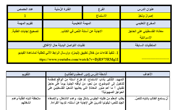 تحضير مادة لغة عربية للصف السابع الفصل الثاني المناهج الفلسطيني