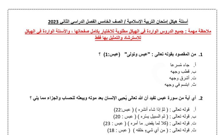 حل أسئلة هيكلة امتحان الإسلامية الصف الخامس الفصل الثاني للعام 2023 منهاج الإمارات