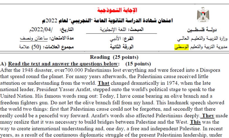 نموذج اختبار نهائي لغة إنجليزية ورقة ثانية توجيهي أدبي مجاب المناهج الفلسطيني