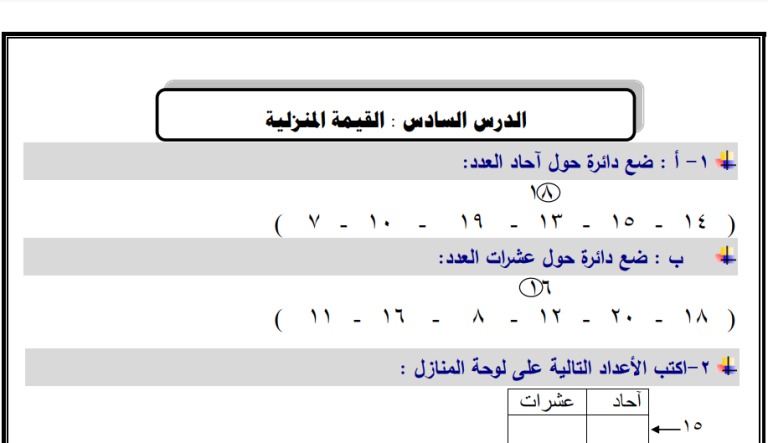 ورقة عمل درس القيمة المنزلية مادة الرياضيات الصف الثاني ابتدائي الفصل الدراسي الثاني المناهج الفلسطيني