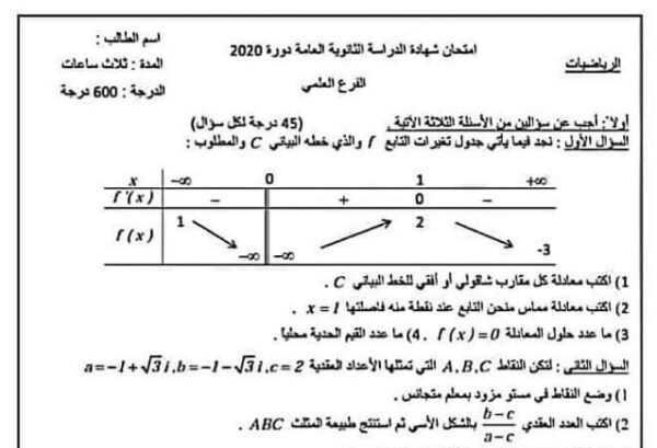 نموذج امتحان هام رياضيات مع سلم التصحيح بكلوريا علمي الفصل الثاني للعام 2023 منهاج السوري