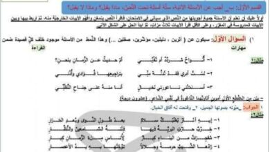 نموذج امتحان 2 عربي الصف التاسع الفصل الثاني للعام 2023 منهاج السوري