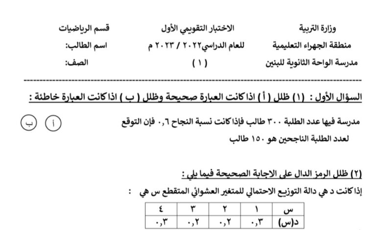 نماذج (غير محلولة) للاختبار التقويمي(1) إحصاء ثاني عشر ادبي الفصل الثاني للعام 2023 منهاج الكويت