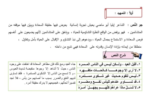 مذكرة درس (الغبطة فكرة) عربي ثاني عشر الفصل الثاني للعام 2023 منهاج الكويت
