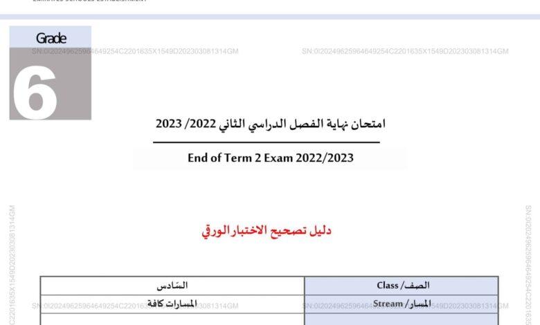 دليل تصحيح الاختبار الورقي اللغة العربية الصف السادس الفصل الثاني للعام 2023 منهاج الإمارات