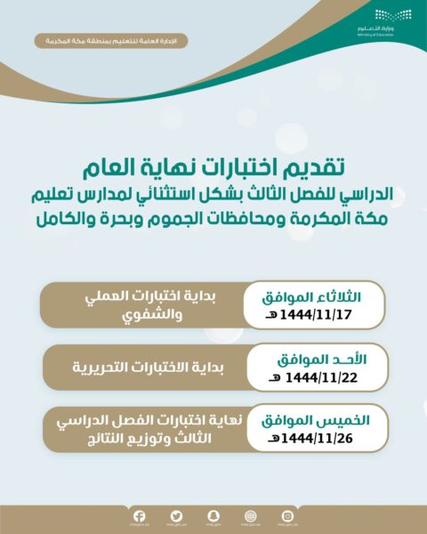 رسميا.. تقديم الاختبارات النهائية للفصل الدراسي الثالث في ‫مكة المكرمة بسبب موسم الحج