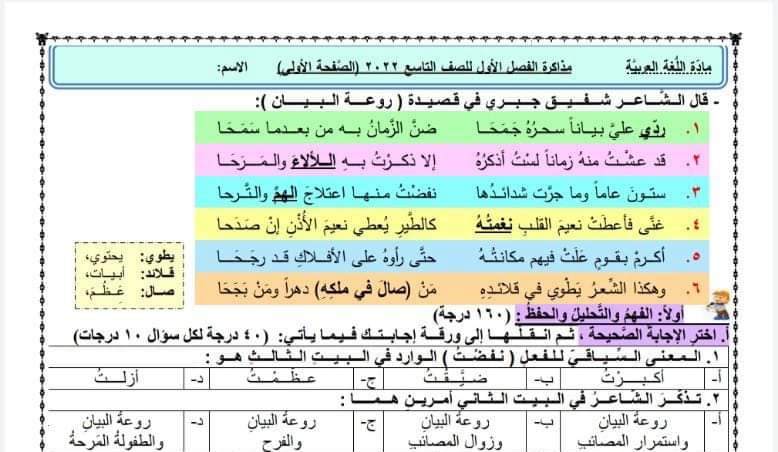 نموذج امتحان نهائي مادة اللغة العربية تاسع للعام 2023 منهاج سوري