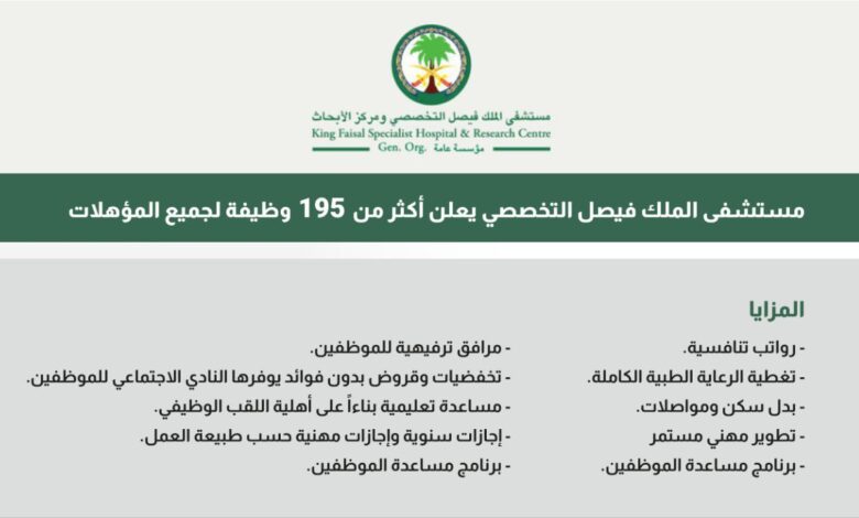 مستشفى الملك فيصل التخصصي يعلن طرح 145 وظيفة لحملة جميع المؤهلات